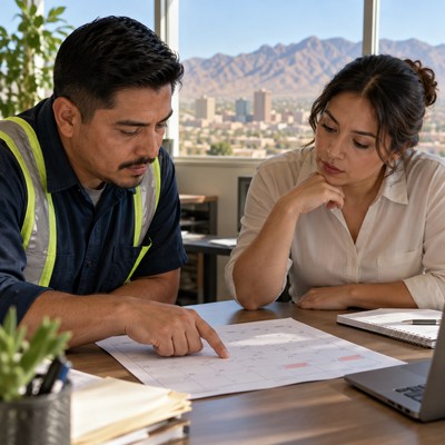 Un empleado mexicanoamericano habla con un abogado sobre la reducción de sus horas de trabajo y preocupaciones de discriminación laboral en una oficina de El Paso.